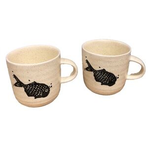 Anthropologie Two NWT Tetra Fish Mugs Handprinted Stoneware 15 oz Matte Finish